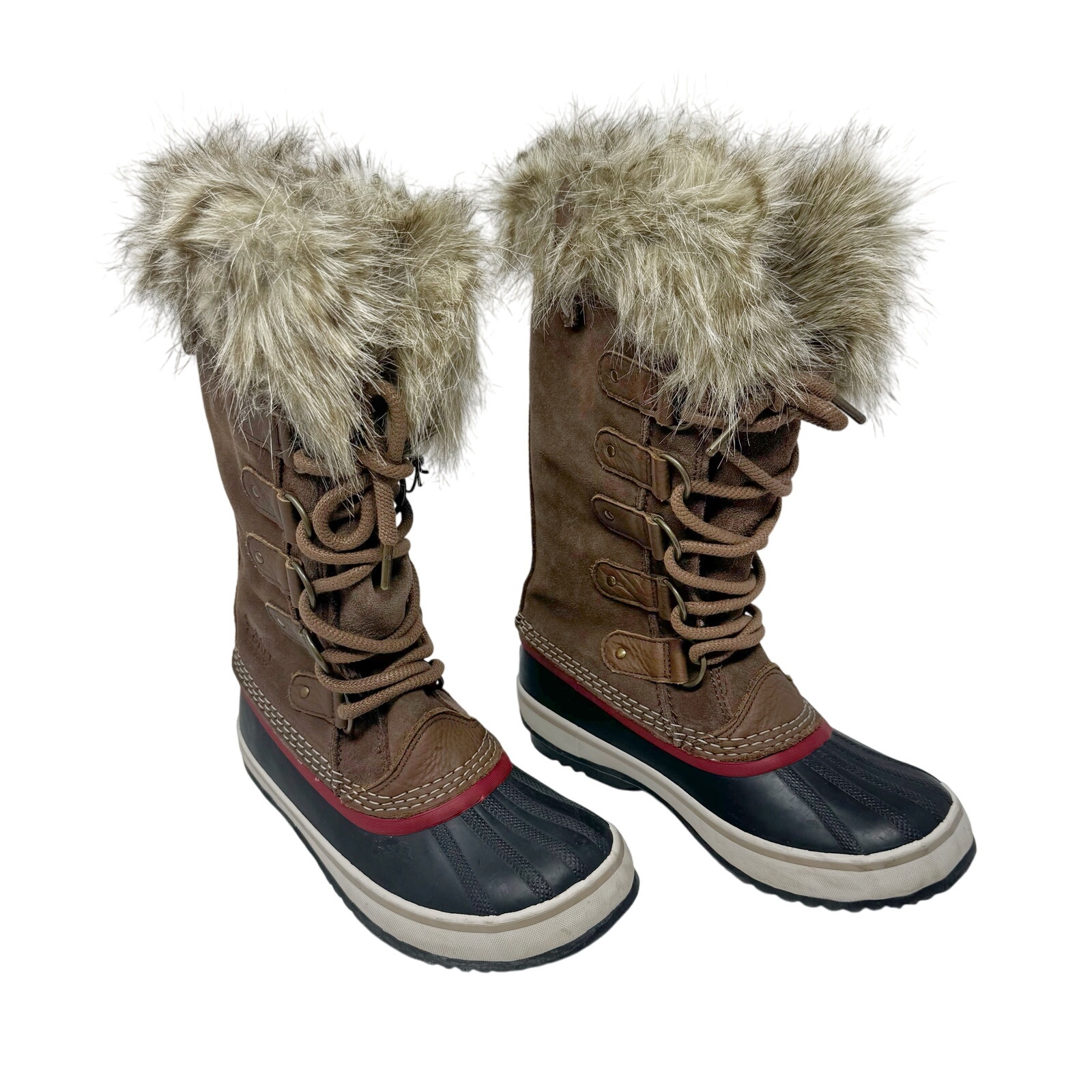 Sorel Joan Of Arctic Boots Brown Leather Suede Faux Fur Trim Waterproof Size 7